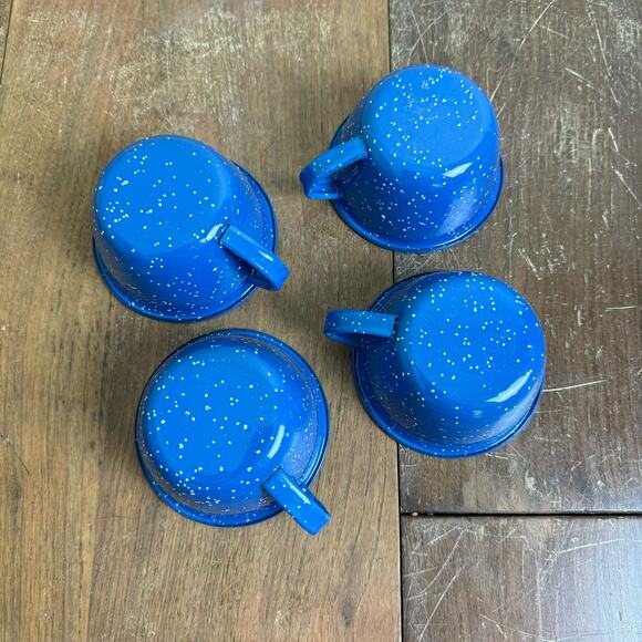 Vintage Blue White Speckled Enamel Graniteware set of 4 coffee cup mugs - Picture 7 of 8